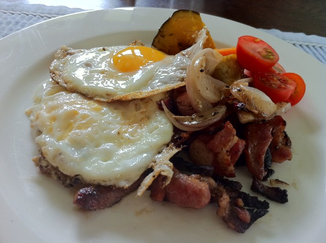 bacon and eggs with roast pumpkin, tomato and onion bacon and eggs with roast pumpkin, tomato and onion